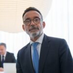 Confident senior executive in formal attire with modern office background.