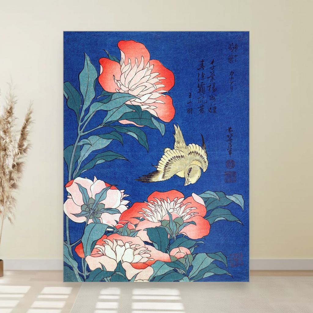 5 slika Katsushike Hokusai za podizanje atmosfere 2 Božuri i kanarinac slika na platnu Nova Art Studio